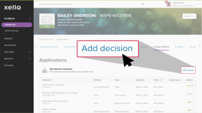 A student's profile in Xello with the "College Planning" tab open. Next to "Enrollment decisions" a cursor is clicking "Add decision"